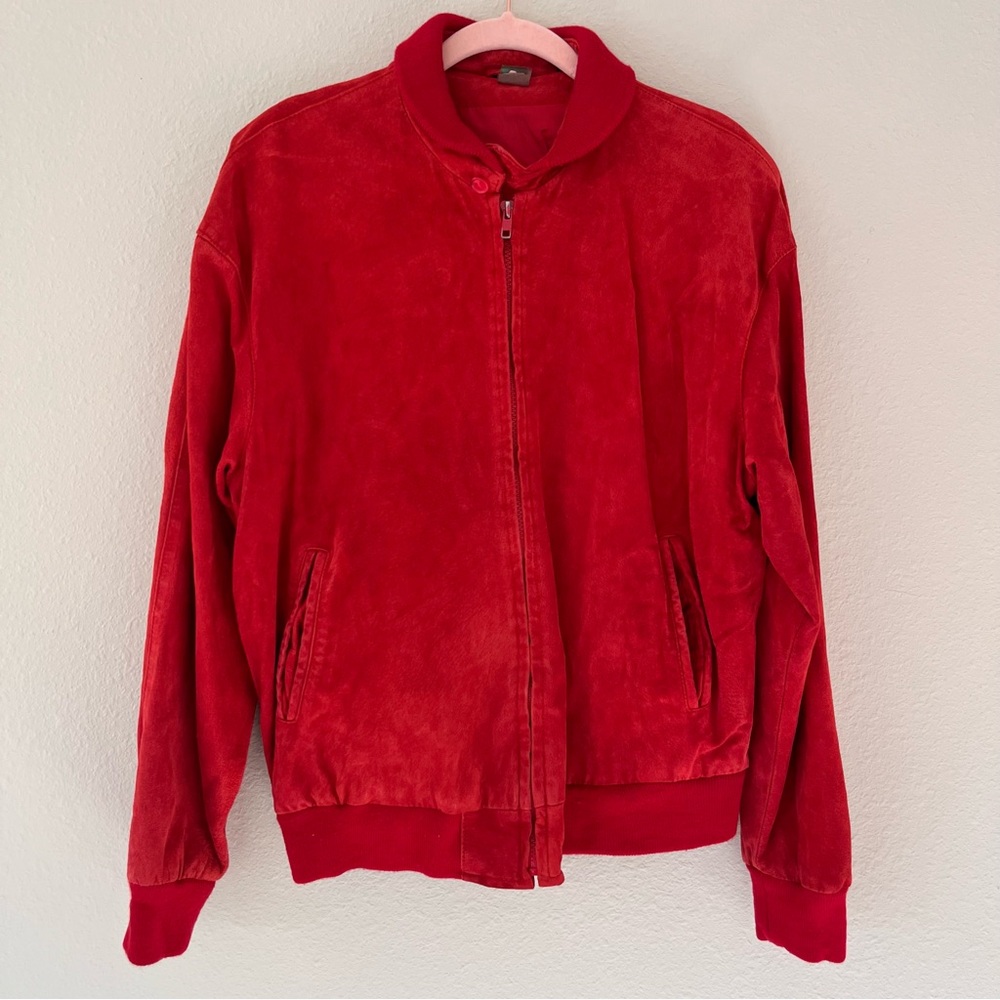 Vintage Womens Red Suede Bomber Jacket Size 10 80s 90s Leather Retro